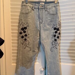 POL Denim Jeans with Black Floral Embroidery